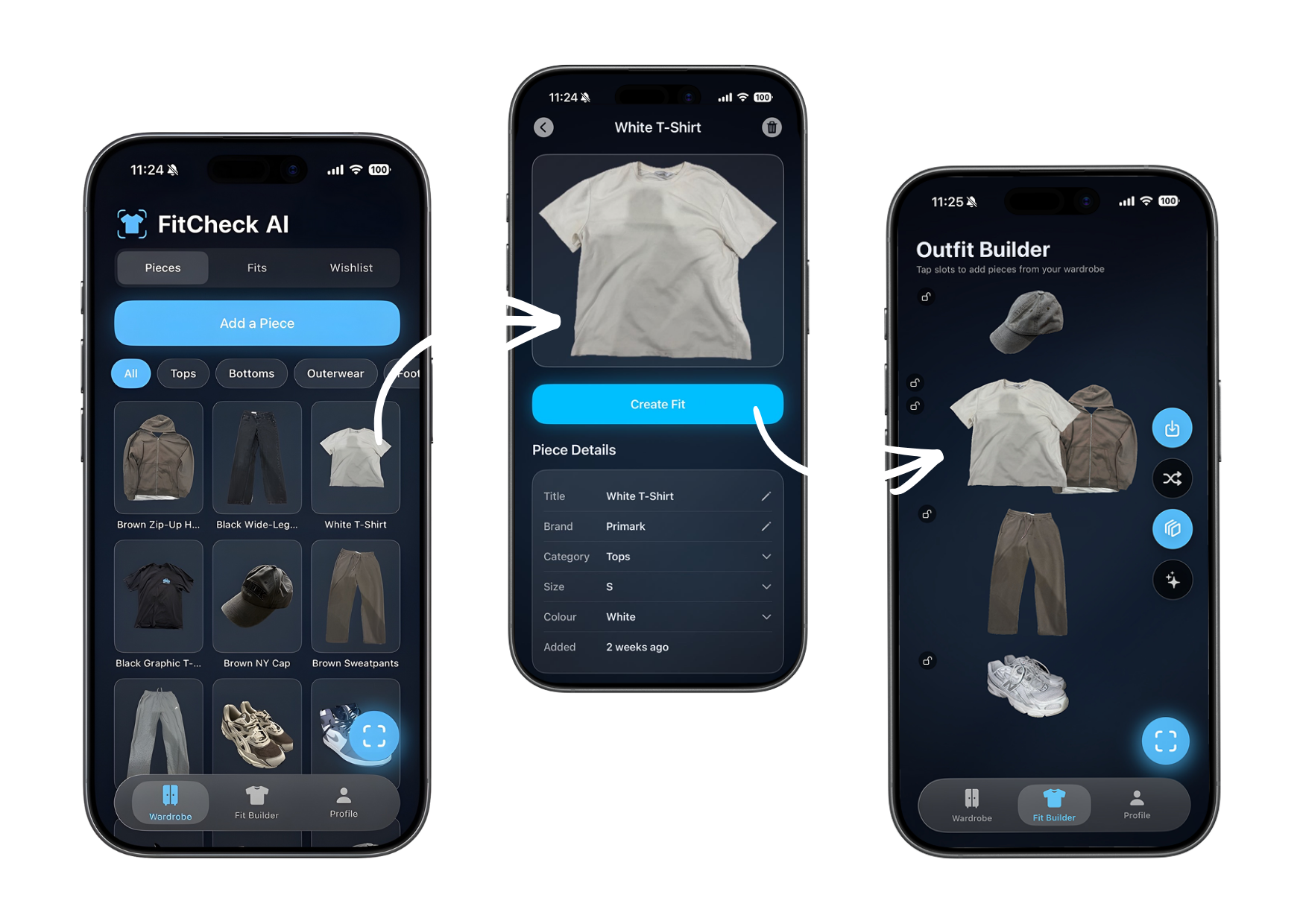 FitCheck AI - Digital Wardrobe, Piece Details, and Outfit Builder